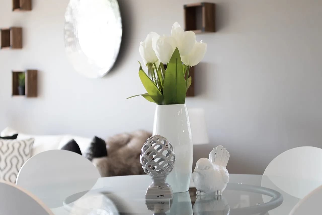 Tulips and styling details on a console table