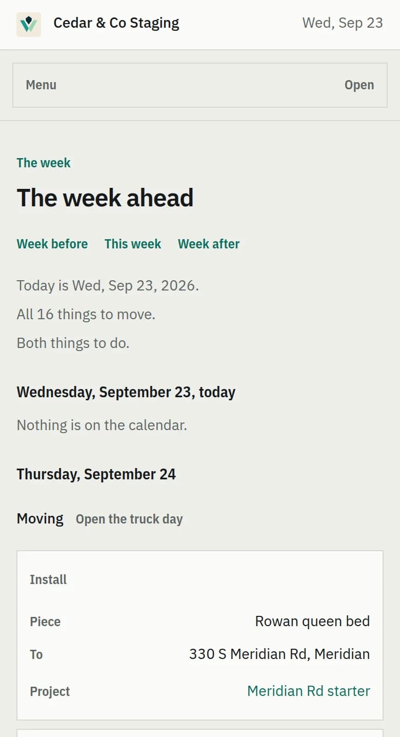 The week ahead on a phone: sixteen things to move, then each one as a block with its piece, where it is going, and the project it belongs to.