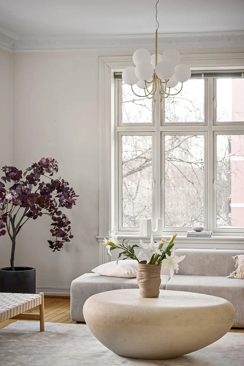 A staged living room in morning light